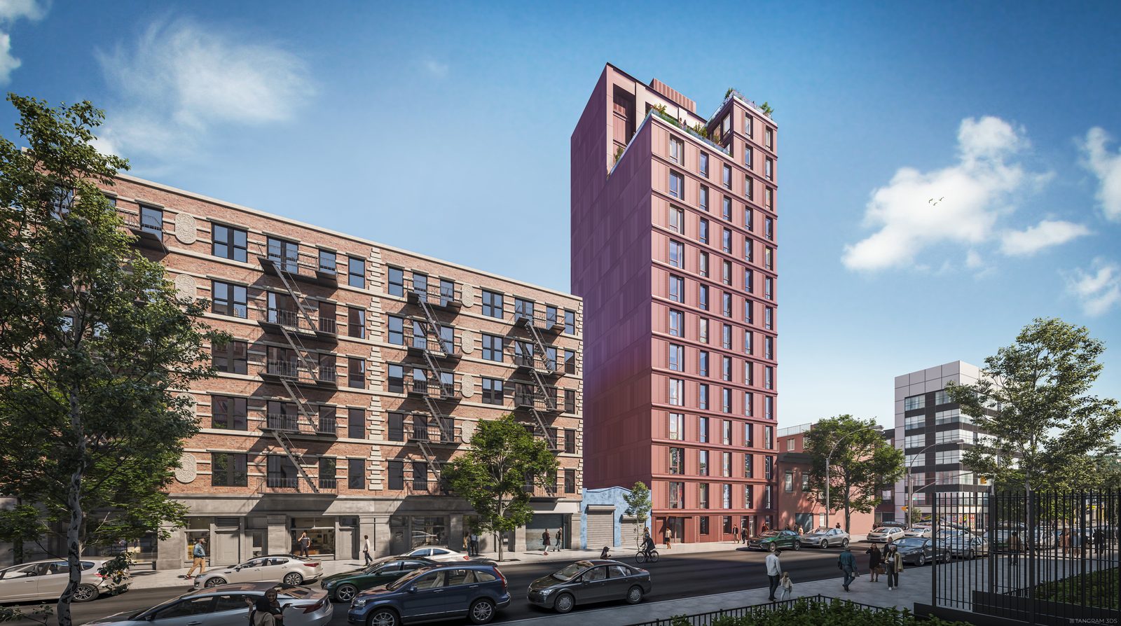 Rendering of a slim 15-story tower with a mauve metal facade and rooftop terraces, rising beside a six-story brick tenement on an East Harlem street